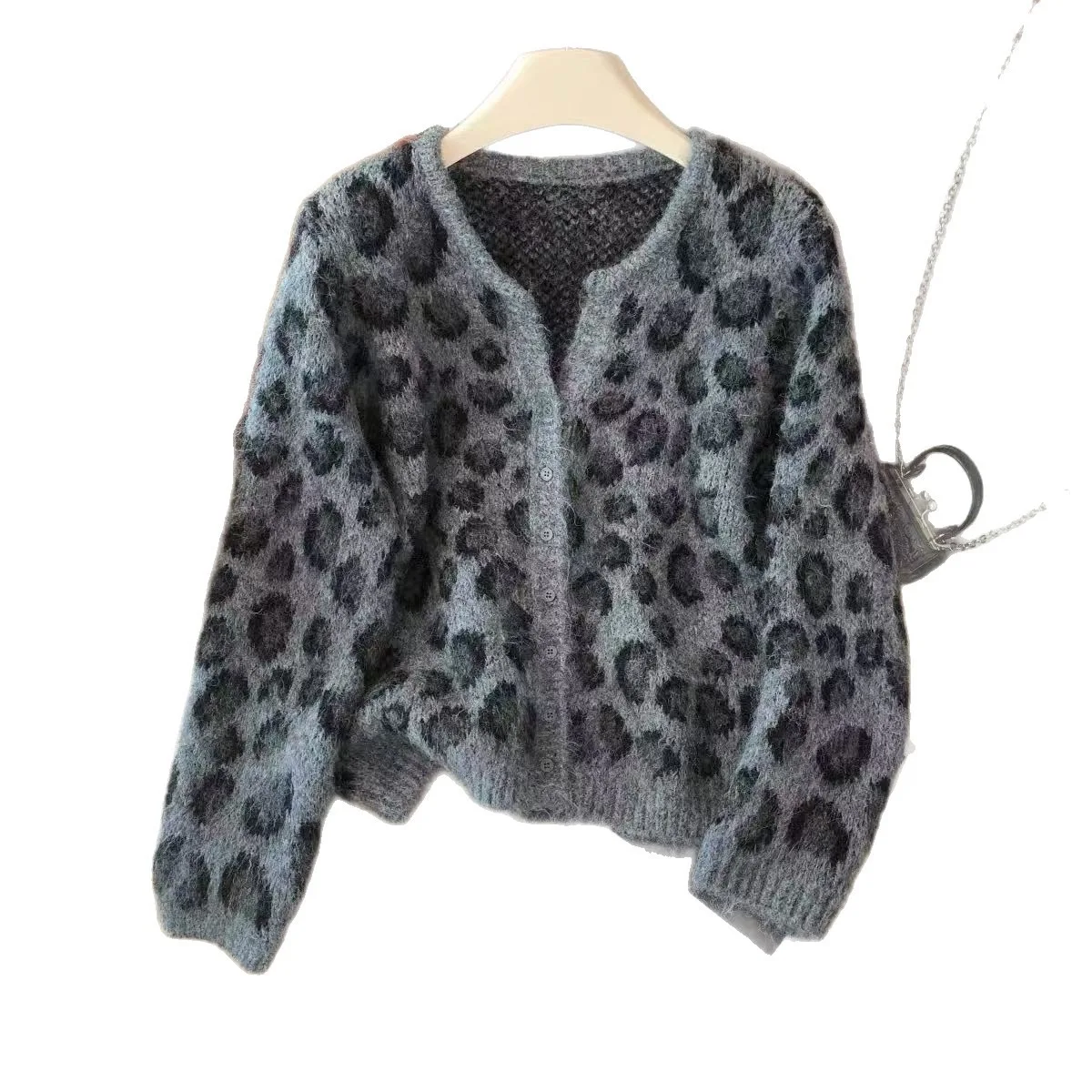 Autumn and Winter New Leopard Print Jacquard V-neck Soft Waxy Knitted Sweater Cardigan Women's Retro Sweater Jacket Top 5
