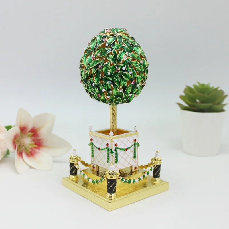 SHINNYGIFTS Handmade Enameled Trinket Jewelry Box Easter Egg Leaf Fence Design with Hinged Lid Vintage Home Decor Gift for Women