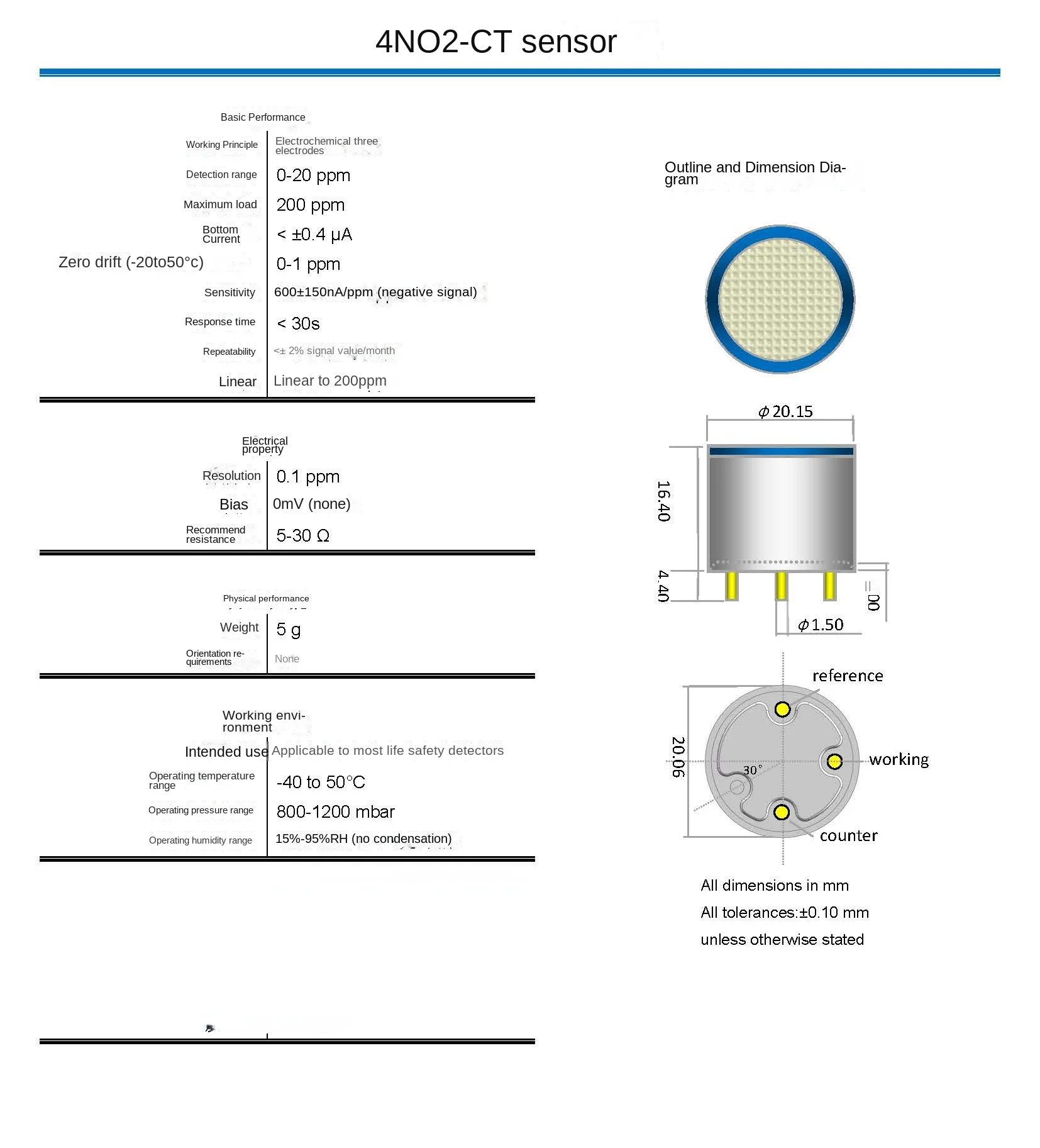 Toxic gas sensor 4NO2-CT nitrogen dioxide electrochemical sensor