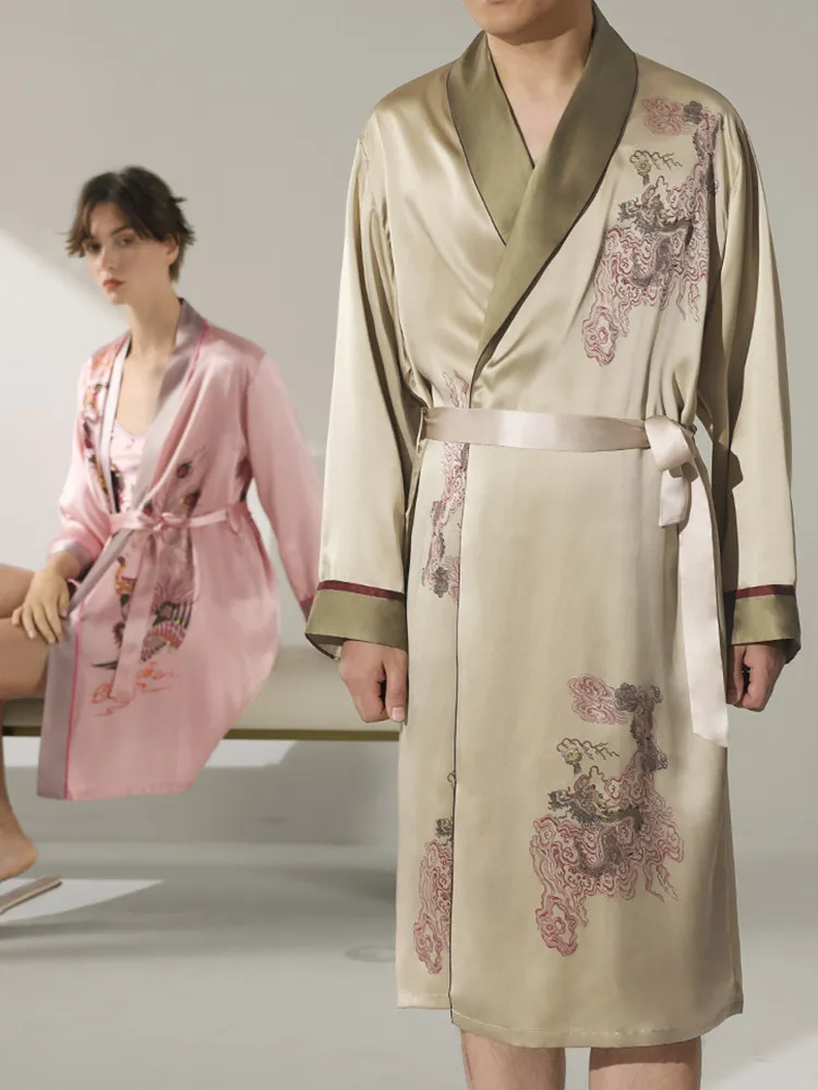 

100% Mulberry Silk Printed Robe Couple Pajamas Set Women's Luxury Satin Kimono with Slip Nightdress Loungewear Men's Sleepwear