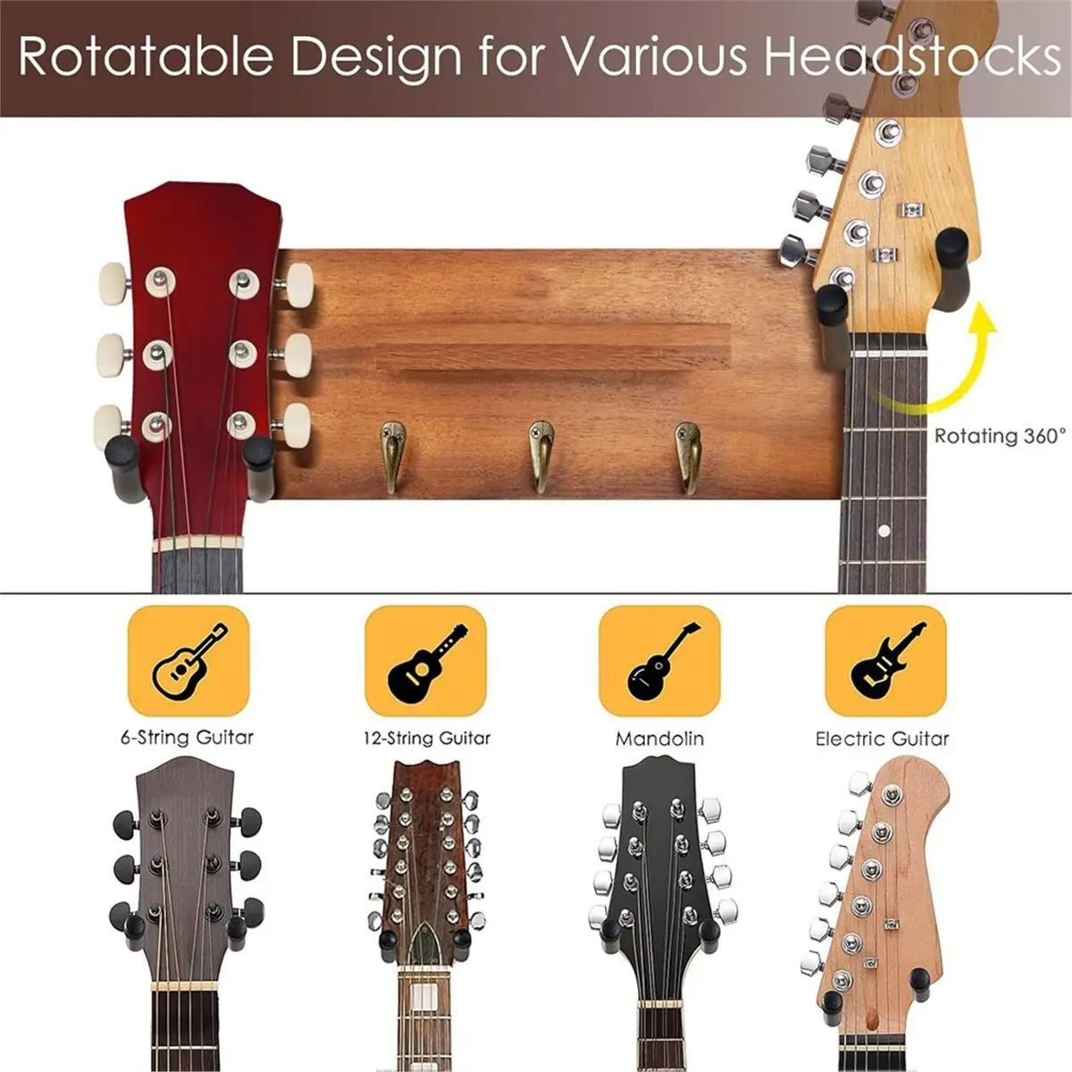 (ABYM) Guitar Wall Mount with Rotatable Hook, Wood Guitar Hanger with Shelf and Pick Holder, Wall Stand Rack for Acoustic