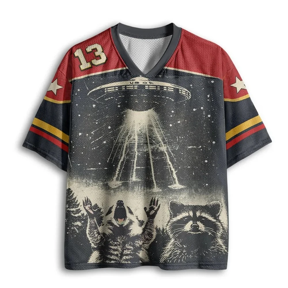 2026 Sommer Mode Spaß UFO Schockierender Waschbär 3D-Druck Schnelltrocknendes Atmungsaktives T-Shirt Lässiges Lockeres V-Ausschnitt T-Shirt Groß – Detail 4