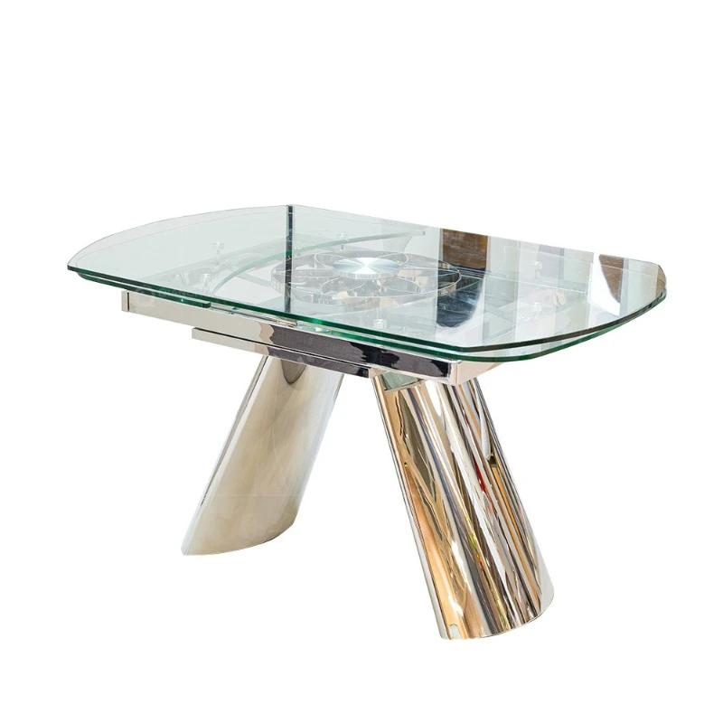 

Modern light luxury tempered glass rotating telescopic function dining table designer restaurant household stainless steel