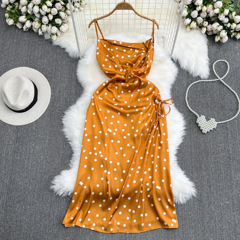 YuooMuoo Chic Polka Dot Camisole Dress for Women 2024 Summer Sexy High Split Drawstring Vacation Beach Long Dress Party Vestidos