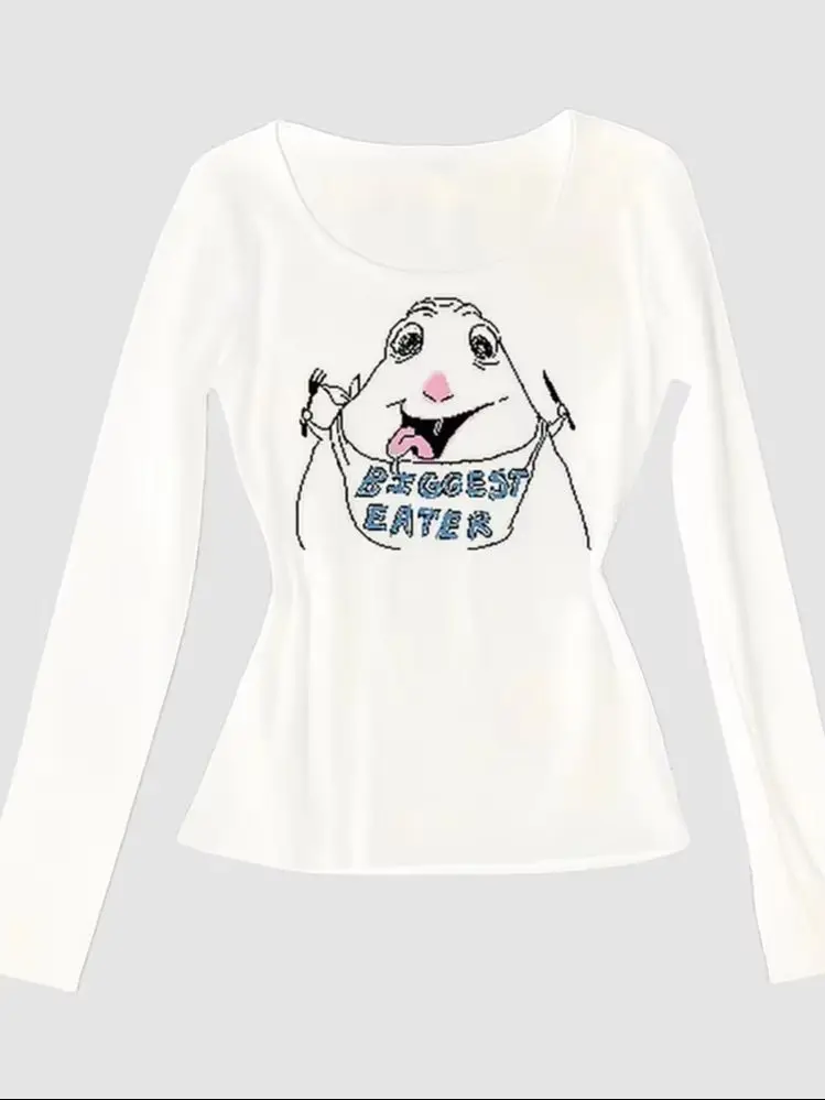 Women Long Sleeve T-shirt Biggest Eater Funny Meme Print O-neck Slim Fit Tee Y2K Casual Fashion Basic Tops For Women Daily Wear