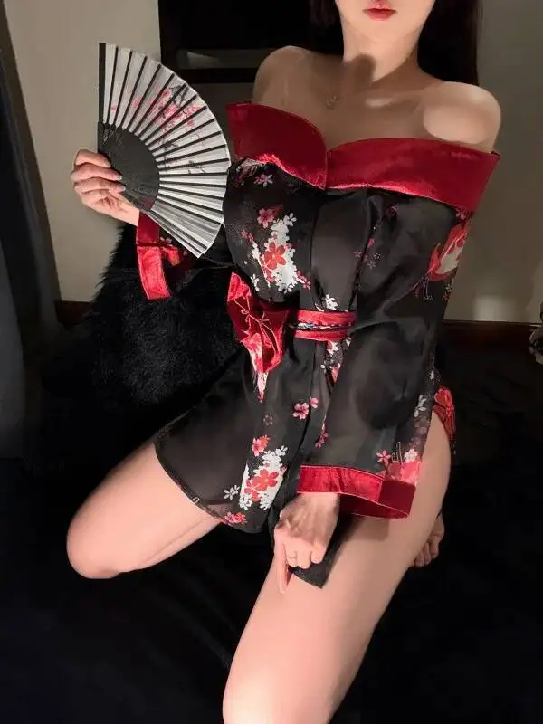 مثير خارج على الكتف ثوب الكيمونو الياباني نمط شفاف مفتوح رداء موحد مجموعة أسود أحمر مع Bowknot حزام الخصر فستان Casaul 8N50 #3