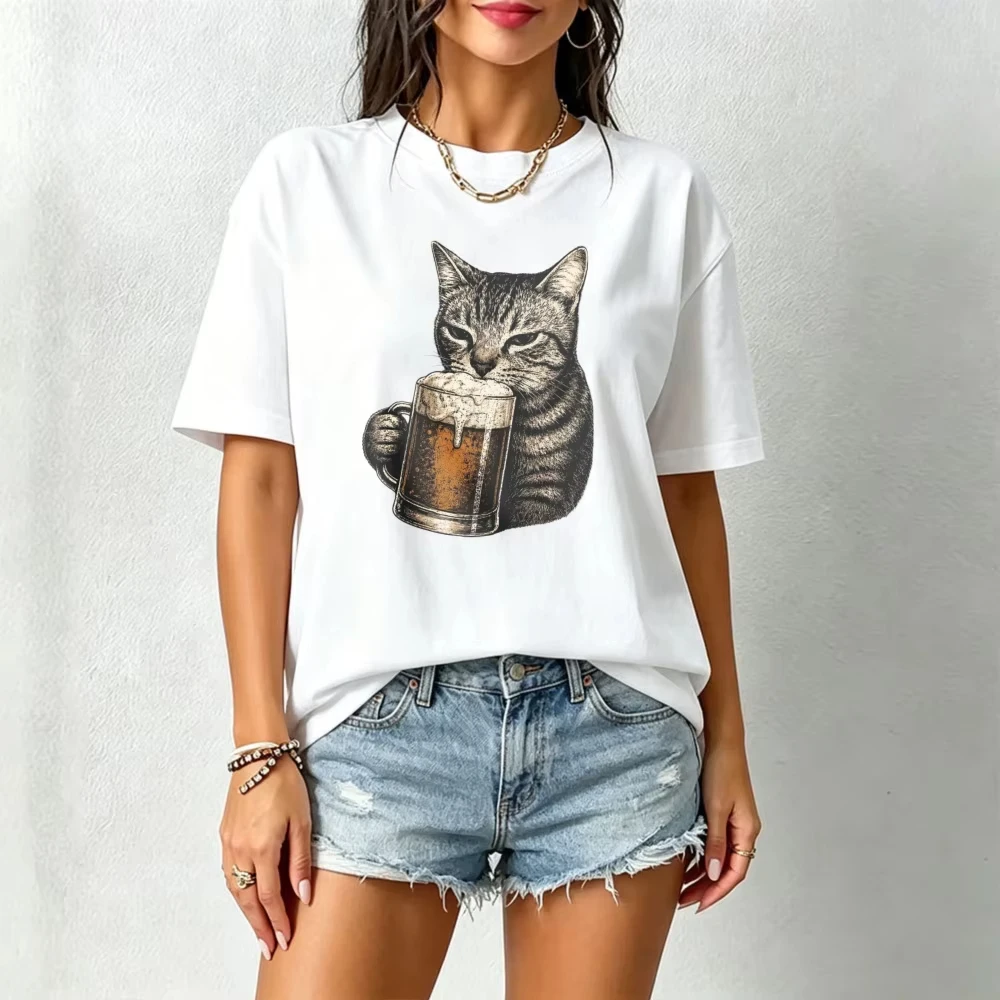 Vintage Tabby Cat Holding Beer Mug Sketch Cotton Women Tee Retro Beer Cat Pet Graphic Short Sleeve Tops Casual Street T-shirt