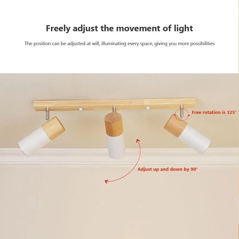 Luz de techo de madera nórdica de un solo cabezal, sala de estar giratorios para tres focos, dormitorio, comedor, guardarropa, accesorio de