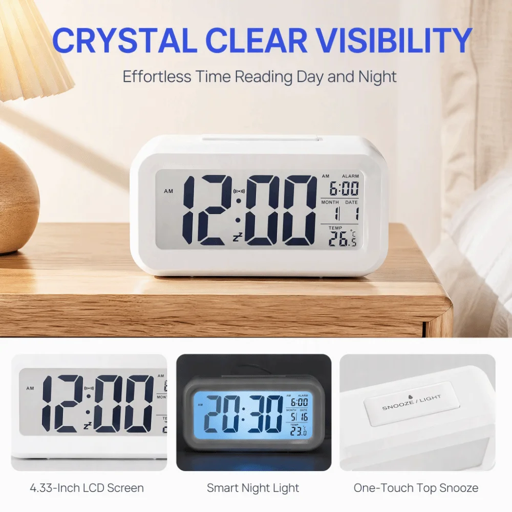 Battery Operated LED Alarm Clock Temperature Display Auto-Dim Display Desk Alarm Clock Snooze Function 12/24H Format