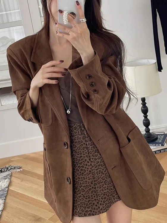 

Chic Suede Vest Casual Loose Sle Retro Women's Korean Faion Long Sve Single Button Closure Color Coat