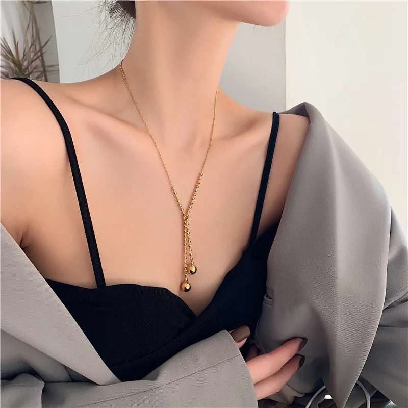 2022 Not Fading Small Gold Ball Tassel Necklace Pendant Bead Chain 316 L Stainless Steel Gold-plated Long Necklace for Woman