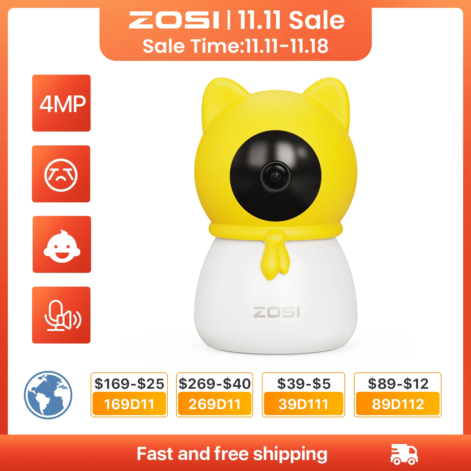 ZOSI C516 2.5K 4MP Plug-in PT Wireless Security Indoor Camera with Cry Detection, Virtual Fence,2.4/5GHz WiFi Smart Baby Monitor