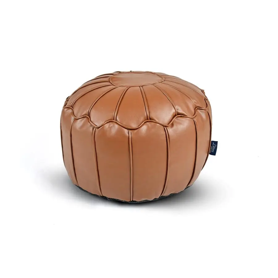 Tan Brown Soft Faux Leather Round Moroccan Footstool Pouffe Bean Bag, Living Room Decorative Seat, Piped Detailing 50cm x 30cm