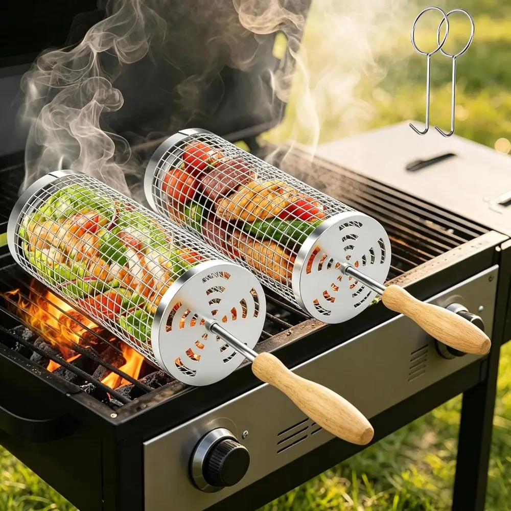 

2-Piece Grill Basket Set with Detachable Wooden Handle, 304 Stainless Steel, Perfect for BBQ and Outdoor Cooking