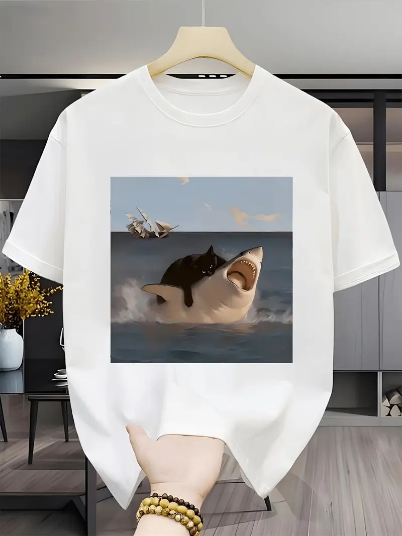 Men's Fashion Round Neck T-Shirt, Black Cat Great White Shark Meme Print Pattern, Casual Outdoor Daily Wear Tee Gift For Men
