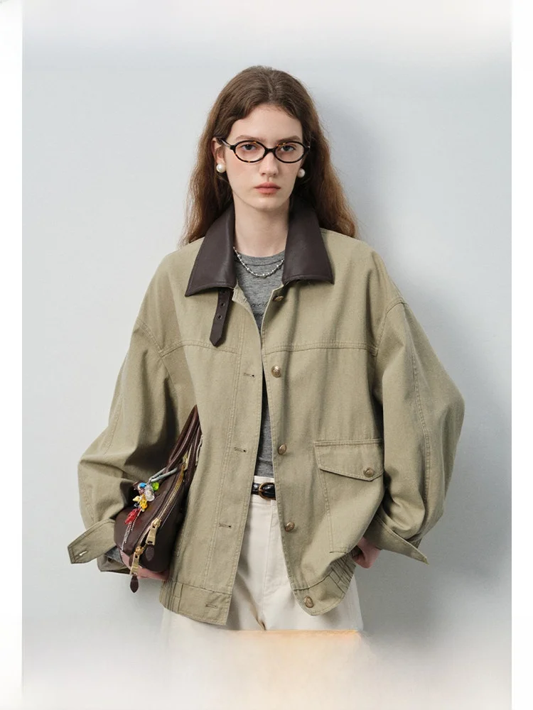 

Женская повседневная куртка VEGA CHANG, весна 2026, новая, винтажная, с кожаным воротником, в стиле пэчворк, рабочая одежда, с декоративными пуговицами