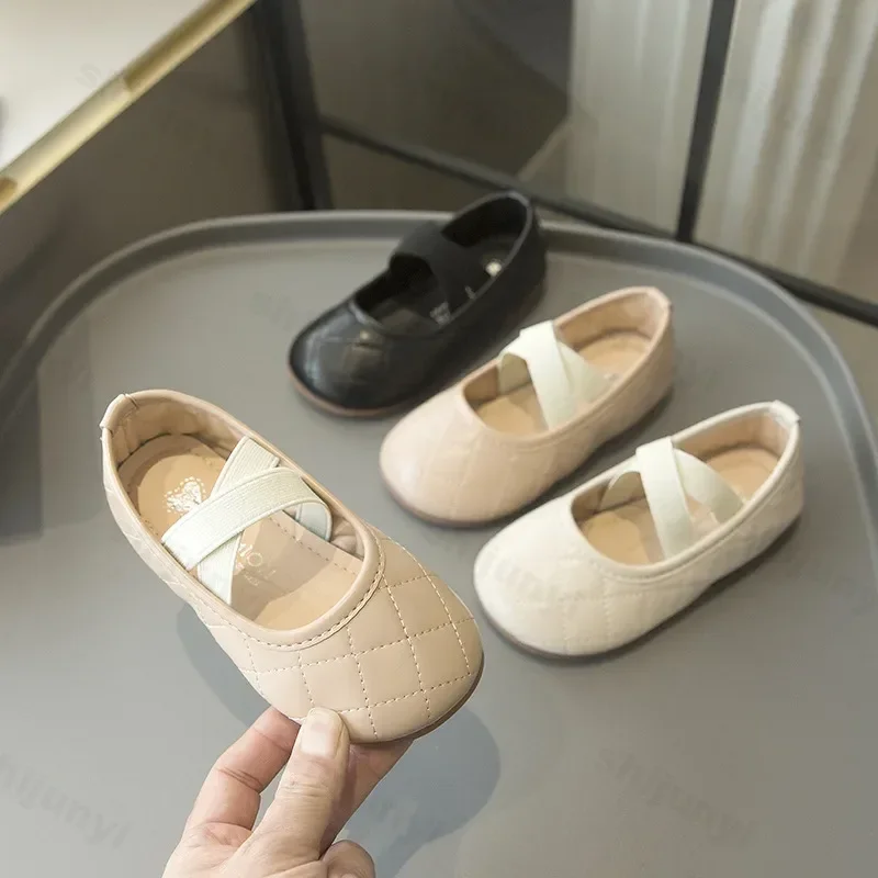 

New Princess Plaid Leather Girls Shoes Soft Comfortable Cross Strap Kids Shoes Sweet Wedding Dress Party Flats Mary Jane Shoes