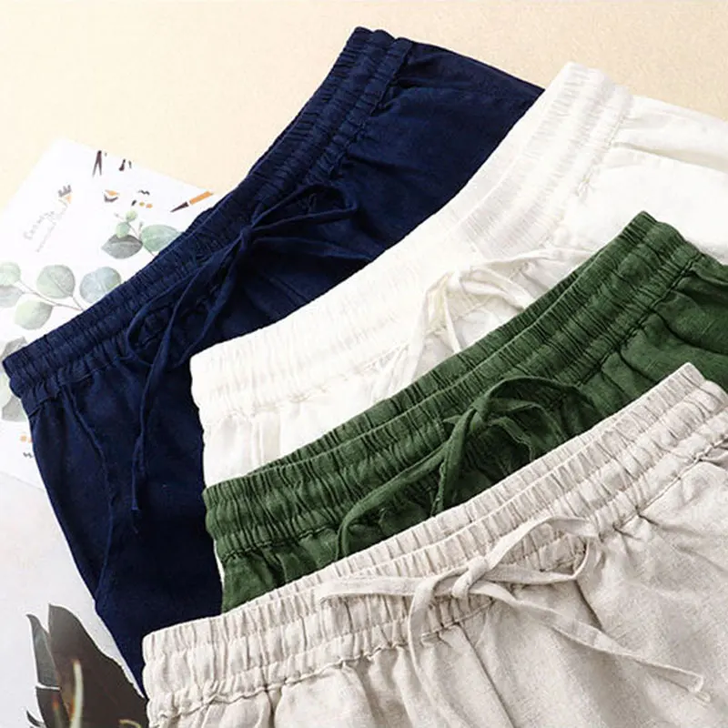 Katoenen Linencasual Solide Veters Elastische Hoge Taille Losse Wijde Pijpen Damesbroek Enkellange Broek Voor Dameskleding Mode