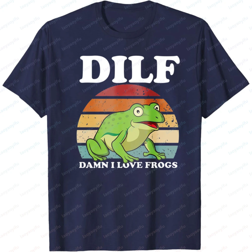 Frog DILF Damn I Love Frogs Men T-Shirt Vintage Funny Graphic Summer Casual Gift for Frog Lovers and Humor Fans