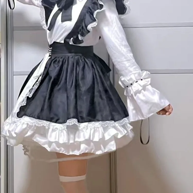 Harajuku Kawaii Cosplay Lolita Black White Dresses Two Sets Slim Waist Dress for Women+ Y2k E-Girl Long Sleeve  Tops