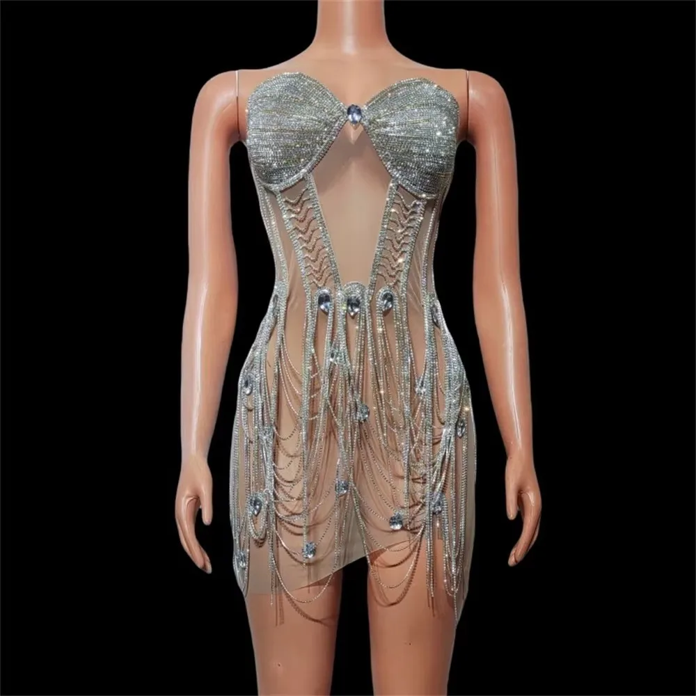 Luxe Strass Kettingen Strapless Korte Jurk Sexy Transparante Prom Celebrity Verjaardag Nachtclub Fotoshoot Kostuum Vrouwen