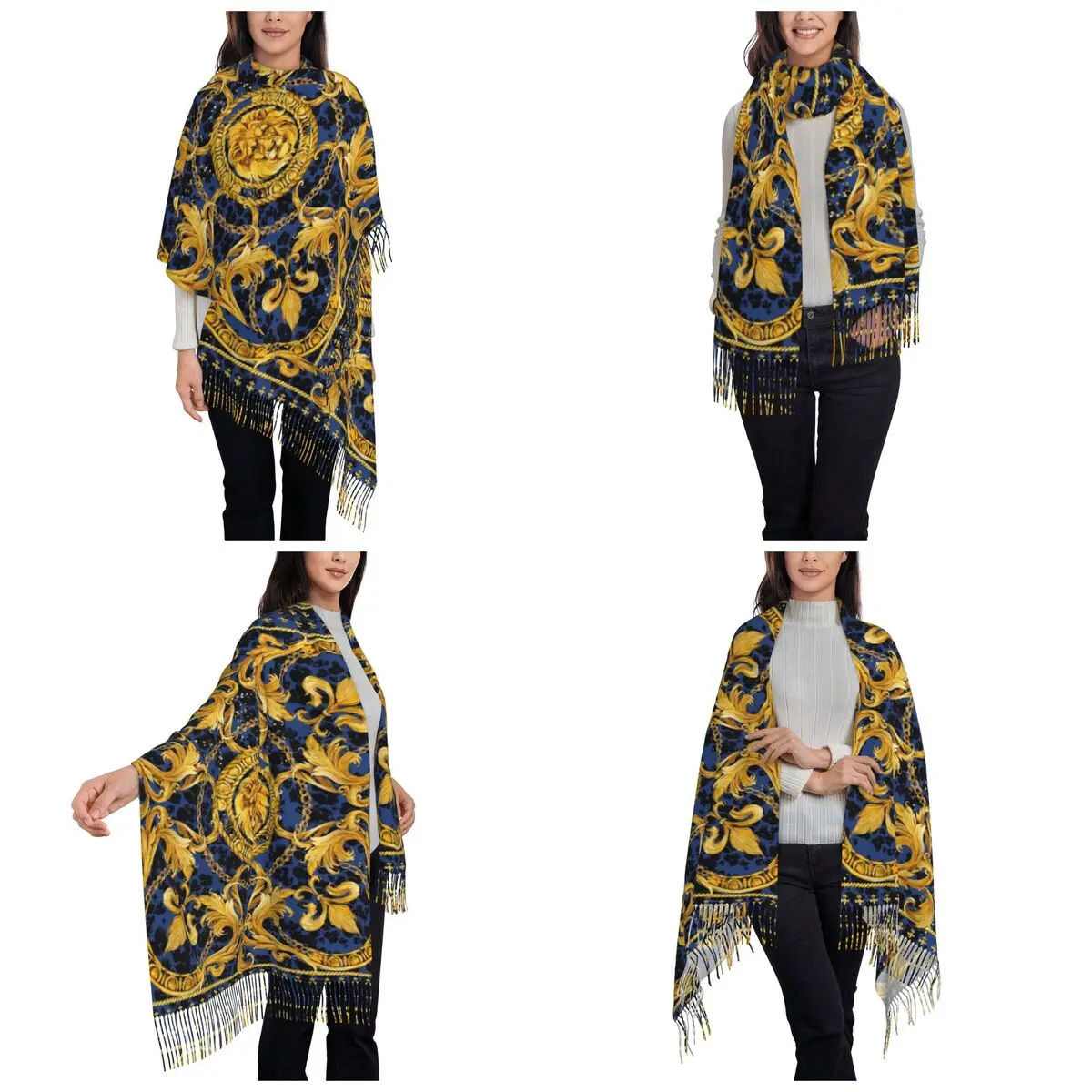 Golden Lion Baroque And Damask Ornament Scarf Tassel Scarves for Women Soft Warm Shawls and Wraps Large Fall Winter Shawl Wrap