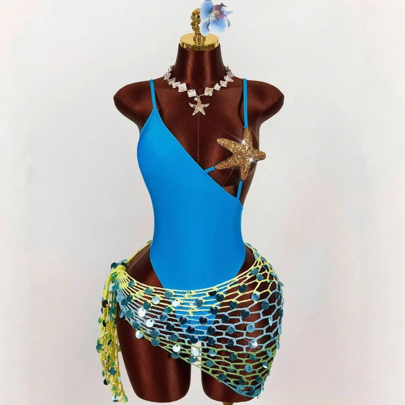 

New Solid Color INS Star-decorated Slim-fit Sexy Stretchy Strap Vacation Swimsuit Jumpsuit Deep-V Bikini Backless Outfit Bathing