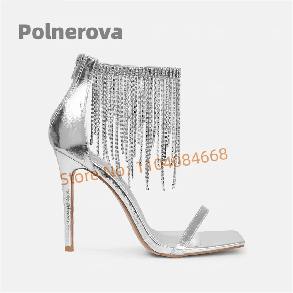 Waterfall Crystal Silver High Heels Sandals for Women Luxurious Square Toe Stilettos Bling Bling One Strap Summer Wedding Shoes