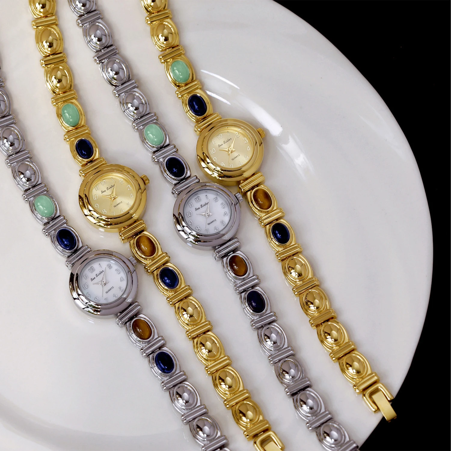 Женские часы с шелковой текстурой и круглым корпусом из сплава, инкрустированные натуральными драгоценными камнями, элегантная женская цепочка для кварцевых часов