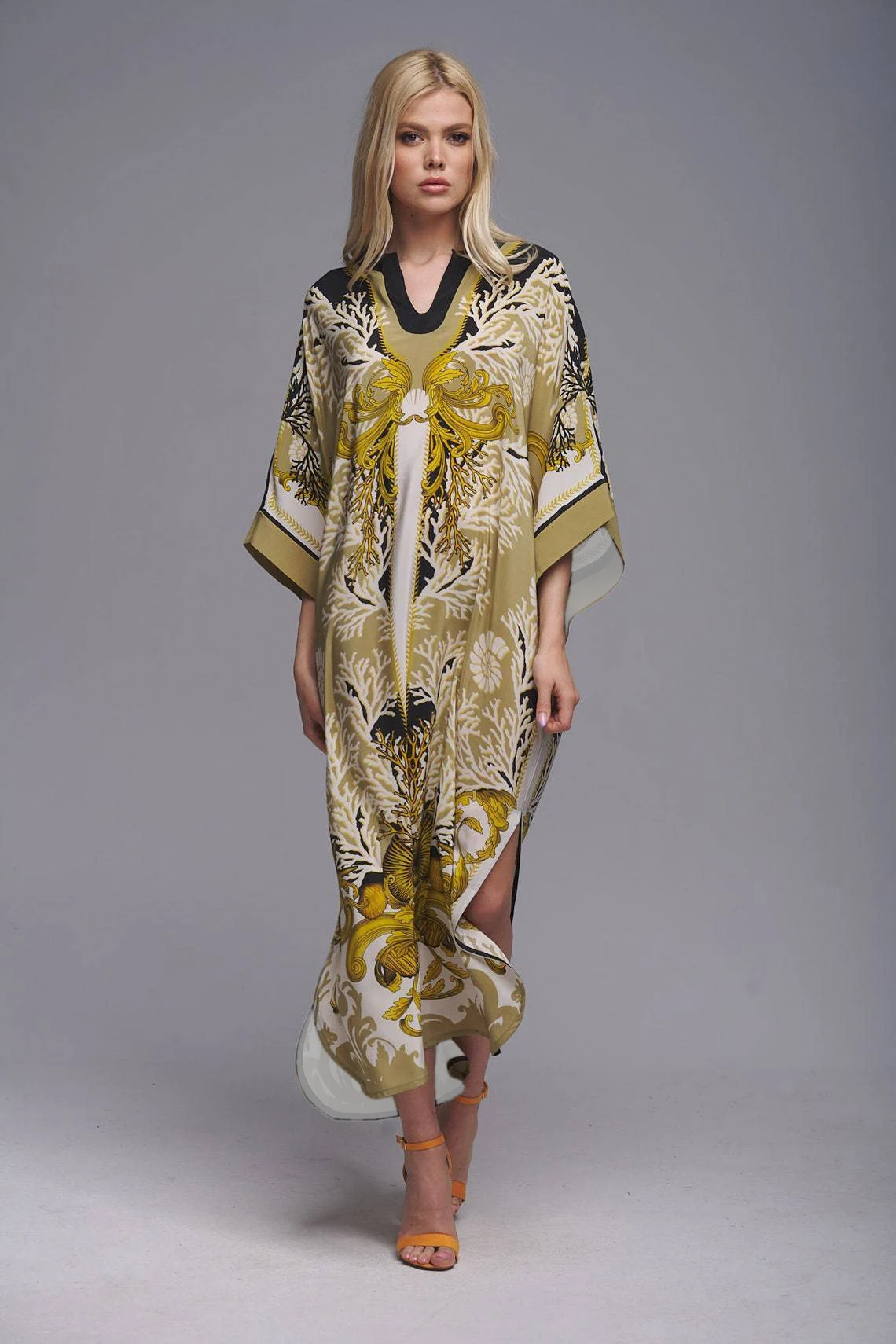 Boho Women Kaftan Dress Luxury Coral Baroque Scroll Print Notch Neck Long Maxi Robe, Loose Side Slit Beach Coverup for Vacation