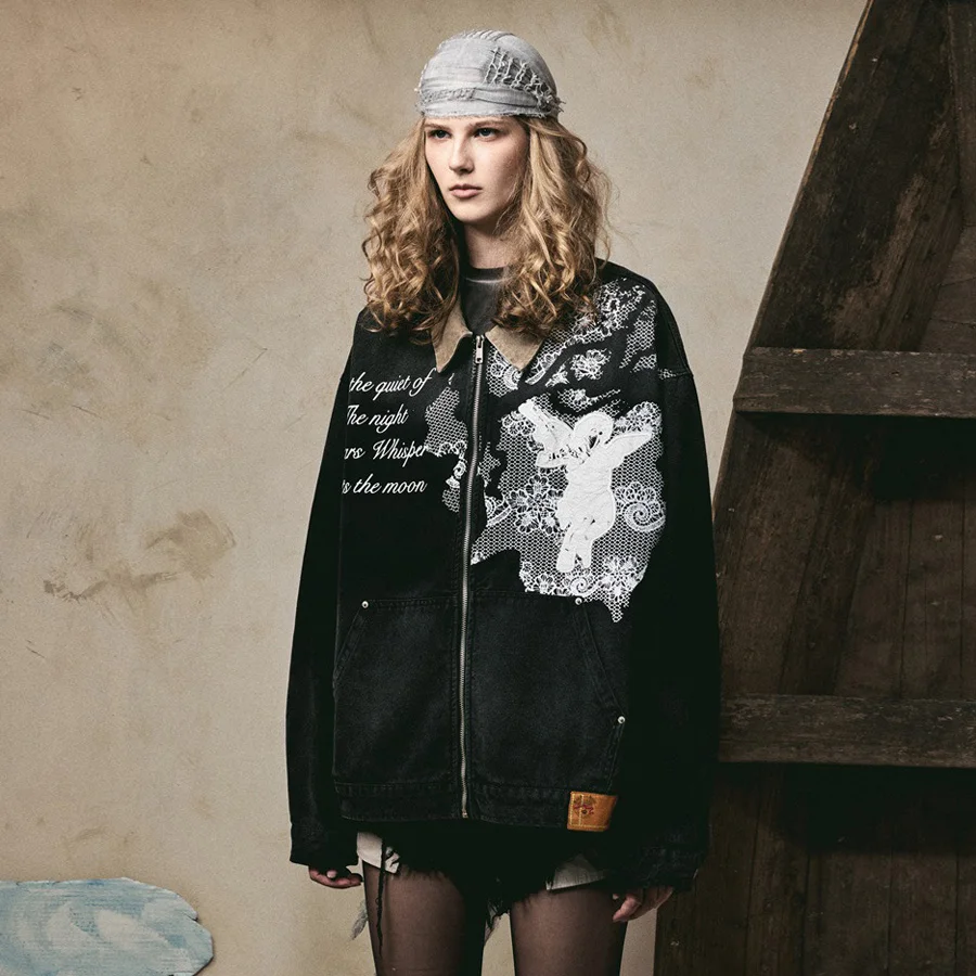 

Винтажная кружевная куртка с вышивкой, мужская и женская уличная одежда, модная свободная повседневная джинсовая куртка-карго, пальто для пар