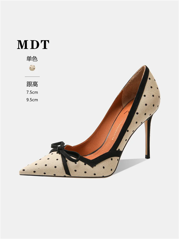 Autumn new pointed shallow mouth cloth surface wave point bow single shoe banquet dress small size slim high-heeled women's shoe