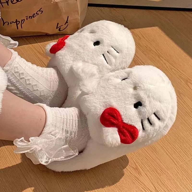 Sanrio Plush Slippers Hello Kittys Kawaii Cute Student Autumn Winter Bedroom Soft Padded Plush Bedroom Aldult Shoes Girls Xmas