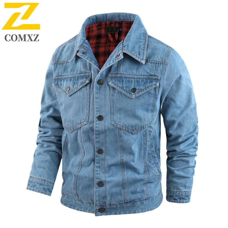 Brand Retro Denim Jacket Men Autumn Single Breasted Lapel Windproof Motorcycle Coat Men's Clothing Casual Solid Color Denim Coat
