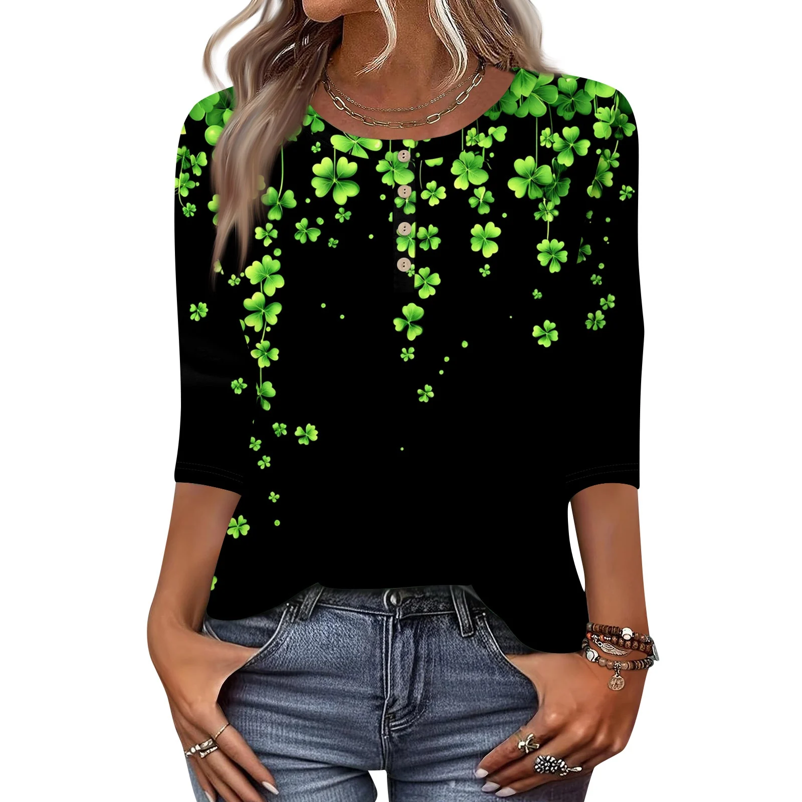 

New Women Casual Printed Blouse Fashion Round Neck T-shirt Tops Saint Patrick's Day Ladies Three-Quarter Sleeve Shirt Top