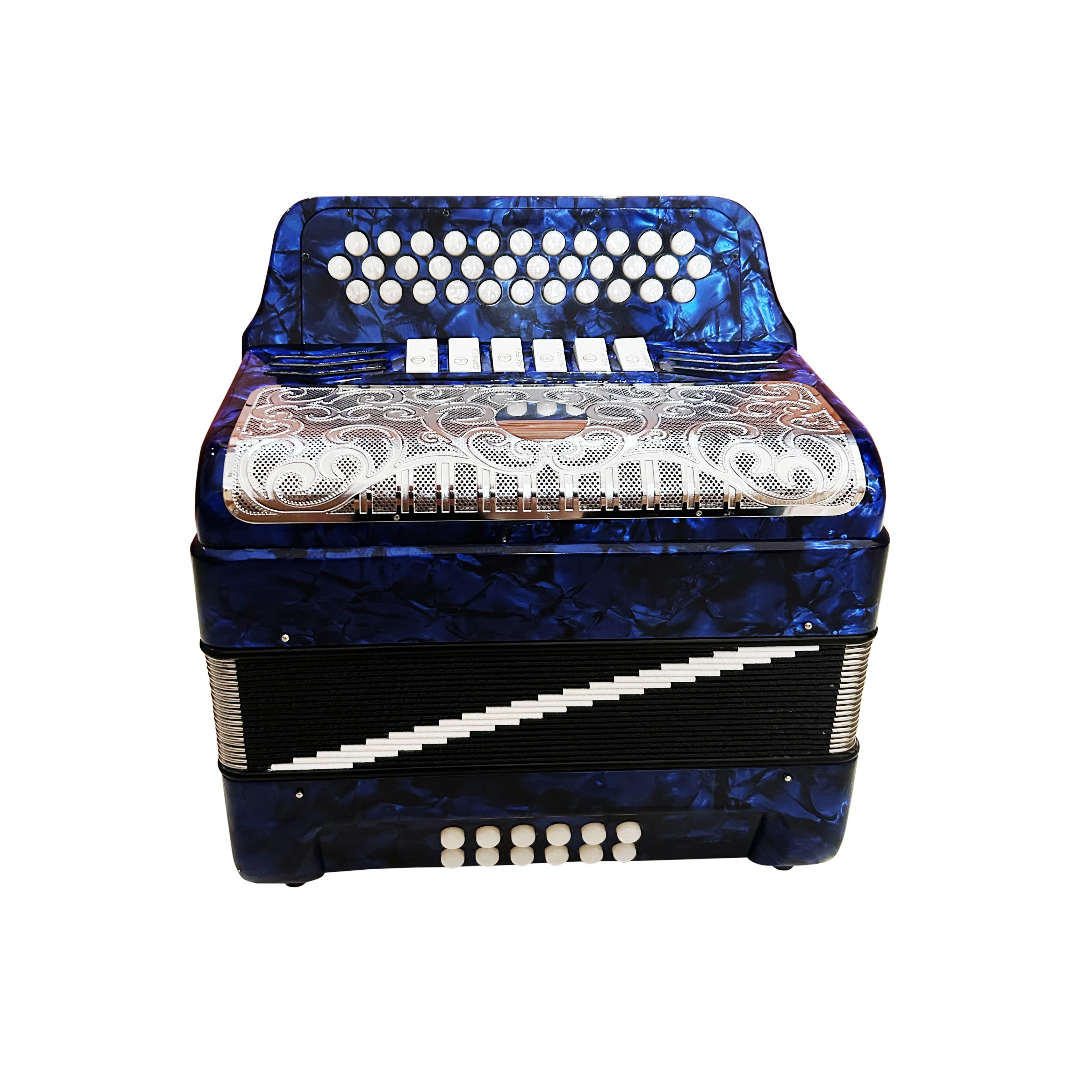 

Professional 34-Button 12-Bass 6-Register Blue Celluloid Accordion JB3412E Silver Grill White Buttons Diatonic