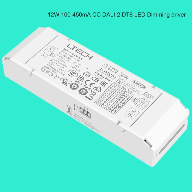 LTECH DALI CC Dimming Driver,12W 100mA-450mA CC Constant Current DALI-2 DT6/DT8 Tunable White Single CCT LED Power Supply