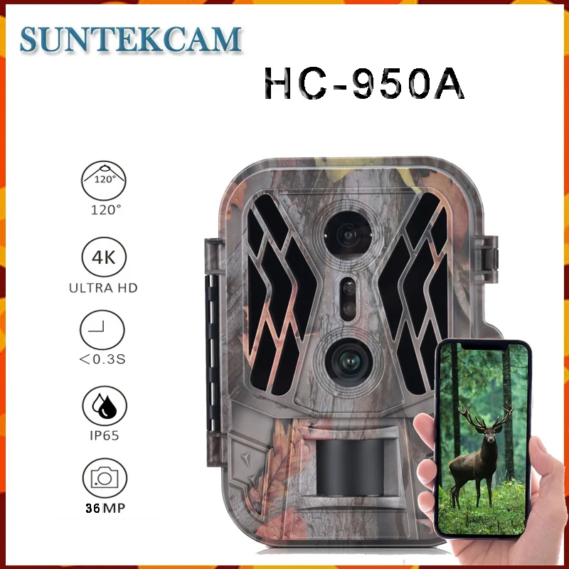 Outdoor Trail Camera HC-950A 36MP 4K HD Night Vision Dual Lens Infrared Sensing Waterproof Wildlife Reconnaissance Basic Camera