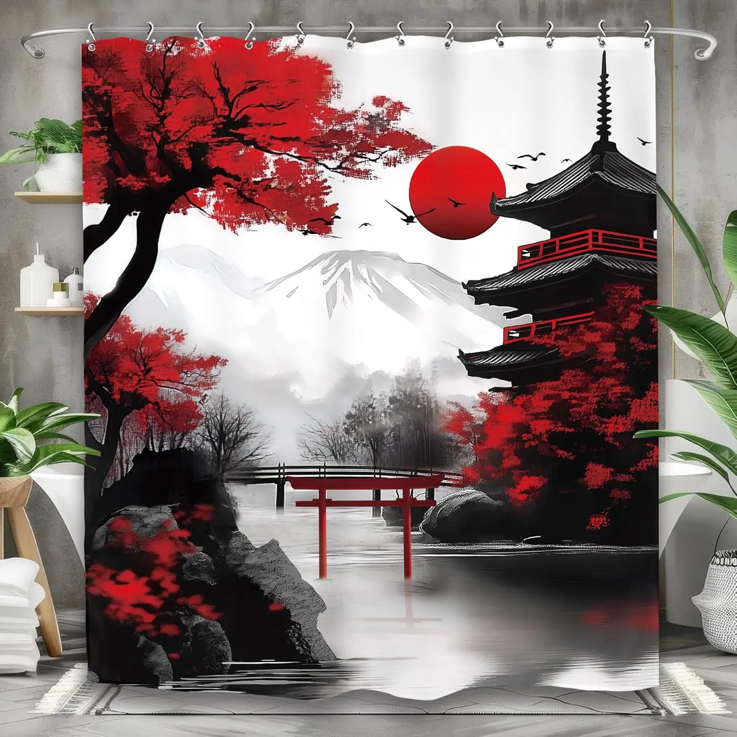 

Cherry Blossom Japanese Bathroom Shower CurtainBlack Red Ink Floral Asian Chinese Mountain Anime Polyester Fabric