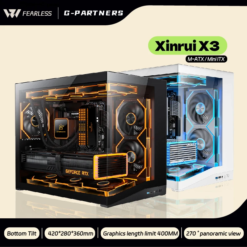 G-PARTNERS Xinrui X3 MATX/Mini-ITX 360 Water Cooler PC Gaming Case Sea View Room Bottom Tilted Computer Chassis gabinetes gamer