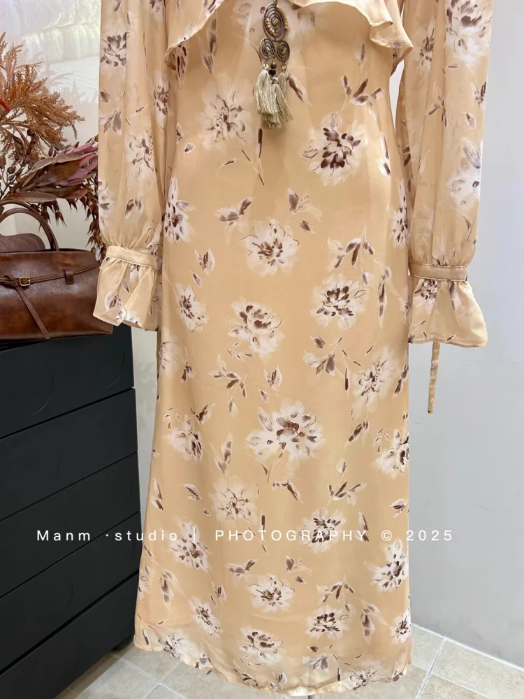 DFDG Women's Spring Summer Yellow Floral Dress Ruffle Detail Long Sleeve Midi Casual Wear 2026 Trendy Feminine Outfit Dress