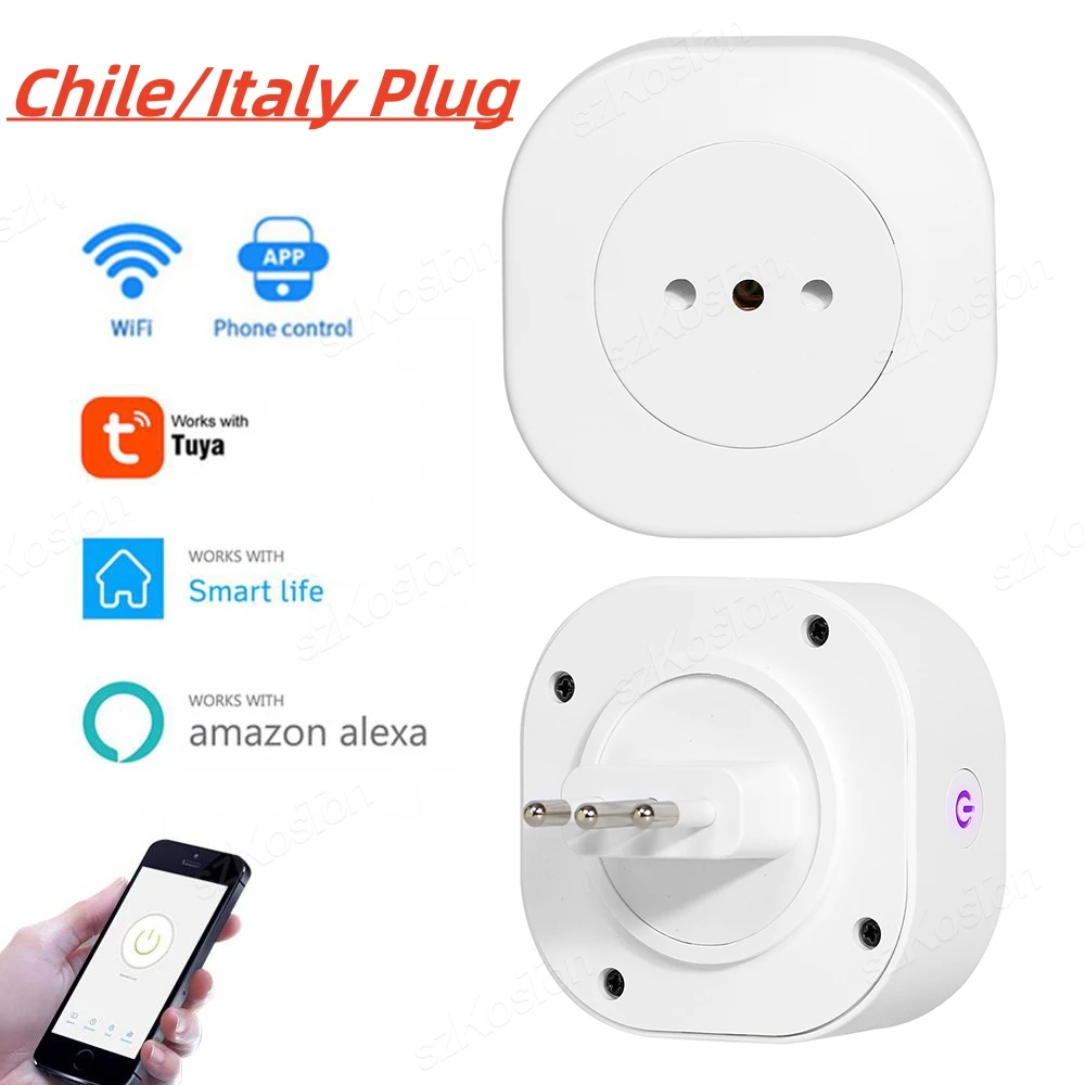 

Italy Chile 16A Tuya Smart Power Plug WiFi Socket Timing Function Smart Life APP Voice Control with Alexa Google Home