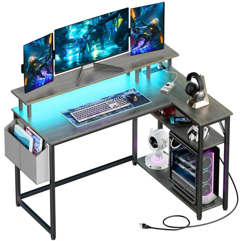 

L-Shaped Desk with Power Outlets, LED Lights, and Monitor Stand, 47-inch Corner Desk for Home Office,
