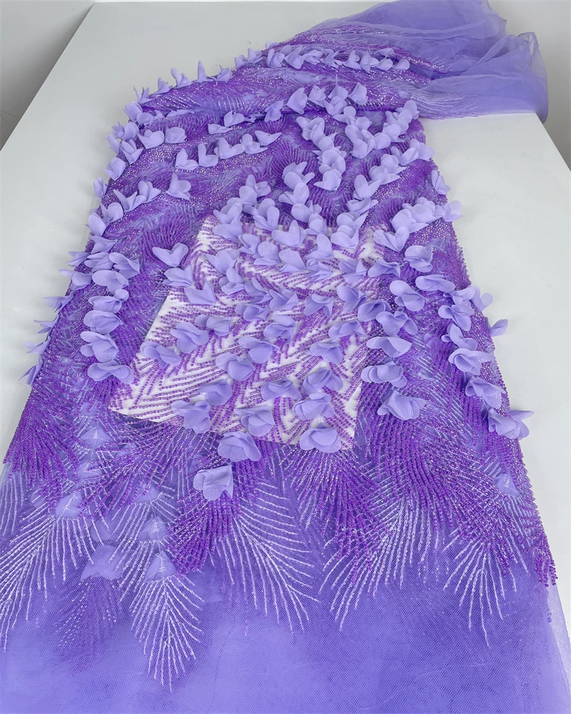 

African Tissue Lace Fabric 5 Yards Nigerian French 3D Flower Lace Fabric Sequins for Wedding Party Dress Clothes