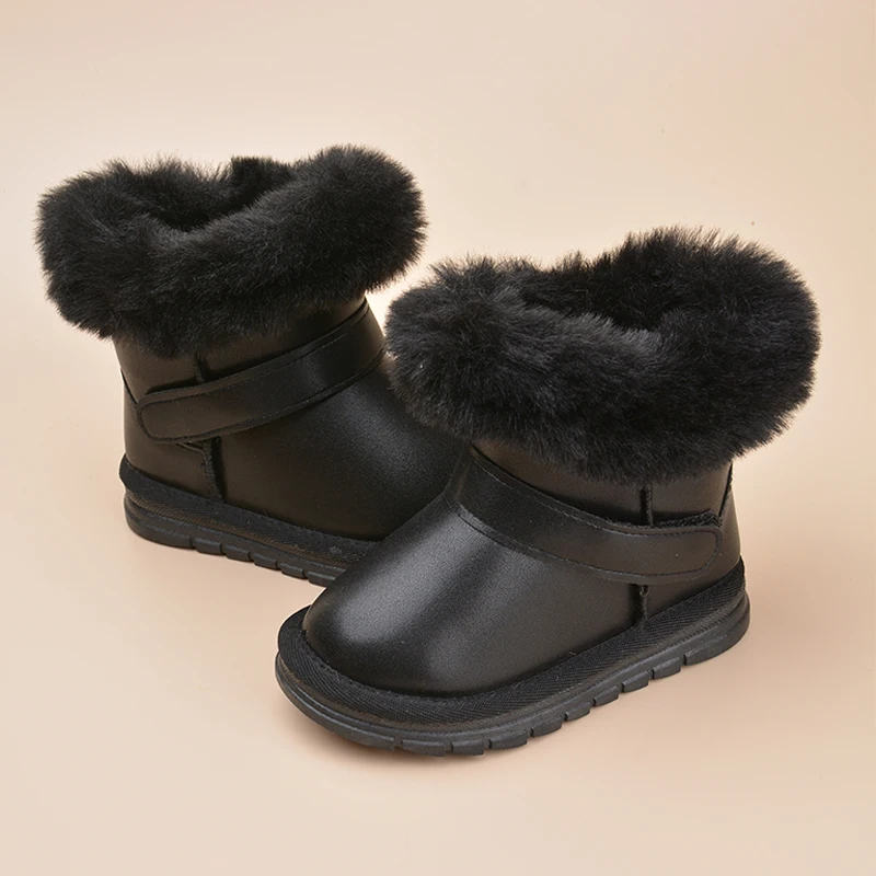 Good Quality Kids Black PU Winter Short-top Plush Snow Boots Camel Suede Solid Outdoor Warm Shoes EK8125