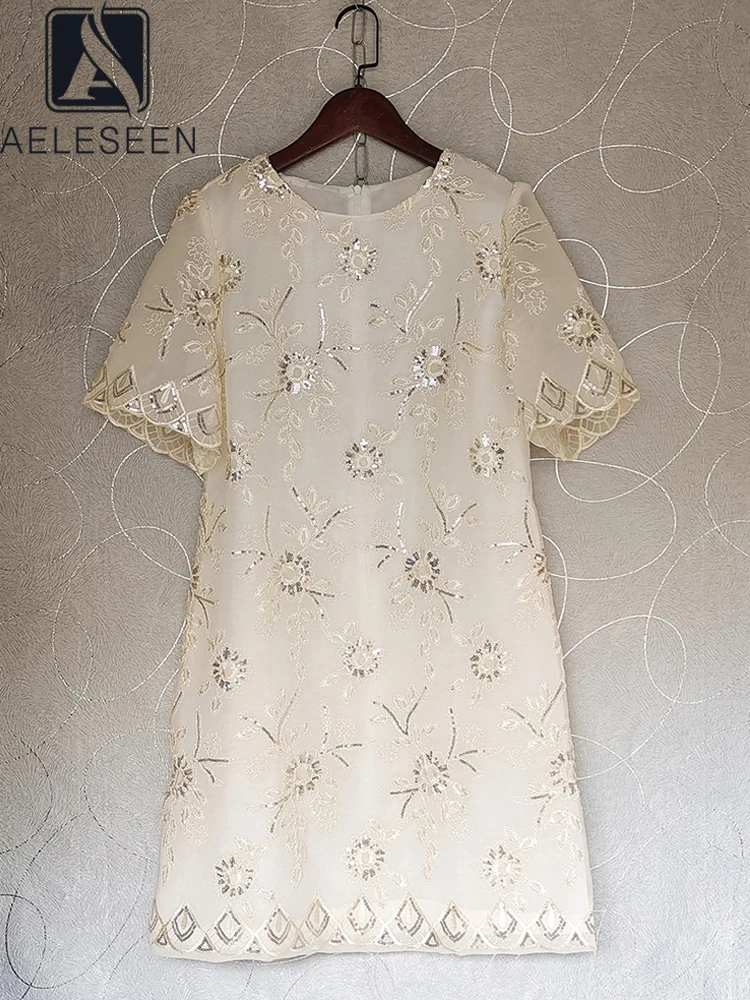 

AELESEEN Runway Fashion Sequined Dress Women Summer High Quality Flower Embroidery Beige Short Sleeve Elegant Mini Casual