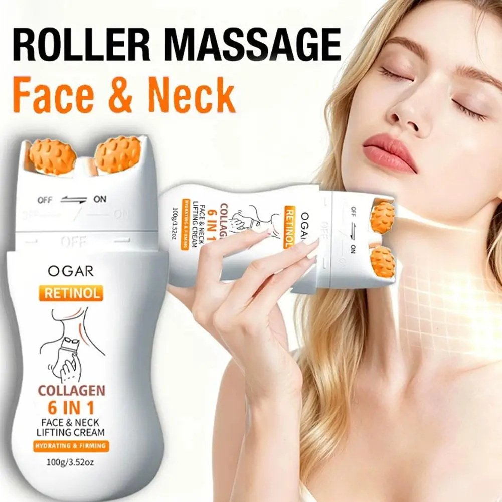 V Shape Neck Firming Cream with Retinol and Collagen Dual Roller Massager Hydrating Face Neck Care for Sagging Skin Wrinkles