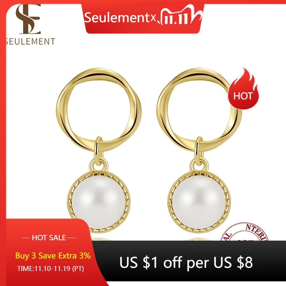 

Seulement 925 Sterling Silver Natural Freshwater Pearl Earrings for Women Geometry Pendant Pearls Drop Earring Accessories