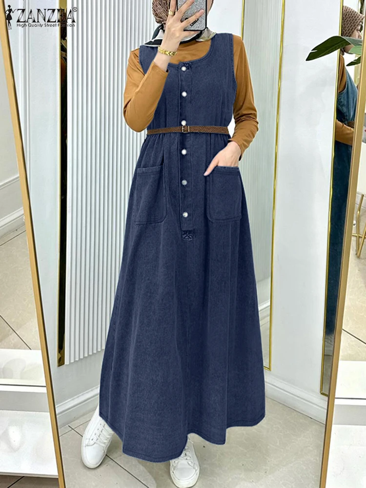 

Fashion Sleeveless Denim Blue Long Dress ZANZEA Women Vintage Sundress Casual Solid Suspender Dubai Turkey Muslim Dresses Robe