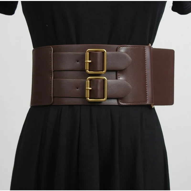 

Fashion Wider Gold Double Pin Buckle Waistband Dress Decorations Pu Leather Wide Belt Simple Coffee Corset Waist Seal